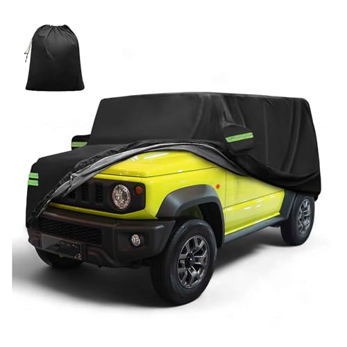 FUELHOOD Jimnyに対応 JB64W/JB74W専用385x148 x160cm 軽自動車カバー 雹対策 車 カバー 台風対策防風ロープ付き アルミフィルム 日焼け防止 梅雨対策 防炎 防塵 雪/強風/黄砂対策 撥水性 運転席側ファスナー 裏起毛 ブラック 夜間安全警告 耐久性 着脱気軽 車 保護カバー 収納袋が付属 内装パーツ アクセサリー
