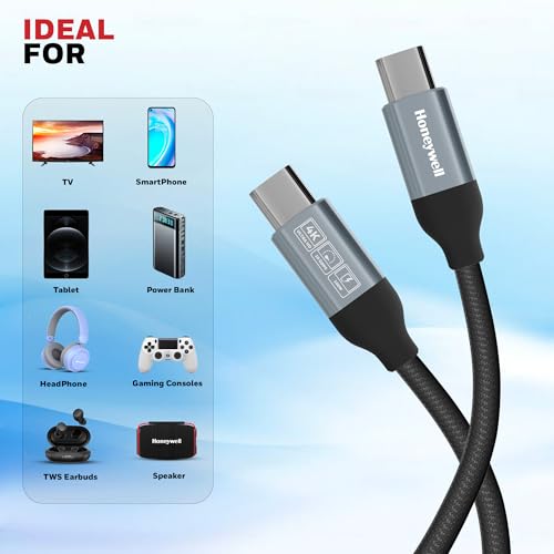 Image of Honeywell Type C to Type C USB 3.1 Cable, 4 Feet (1.2M), Max Output 5A 100W, QC 3.0, Fast Charge, Compatible with Apple Devices, Smartphones, Laptops, Power Banks, Tablets, Headphones, Speakers Black