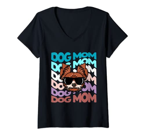 Mujer Retro Vintage Yorkshire Terrier Perro Mamá Cool Gafas de sol Camiseta Cuello V