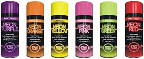 HitlineUK Neon Spray Paint 6 CANS OF FLUORESCENT NEON SPRAY CAN PAINT 200ML GRAFFITI EXTRA BRIGHT Yellow Green Orange Pink Red Purple