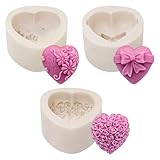 3 Stück 3D Herz Silikonform Hochzeit Kuchenform, Silikonform Herz mit Blumen, 3D-Herzform Rosenform...
