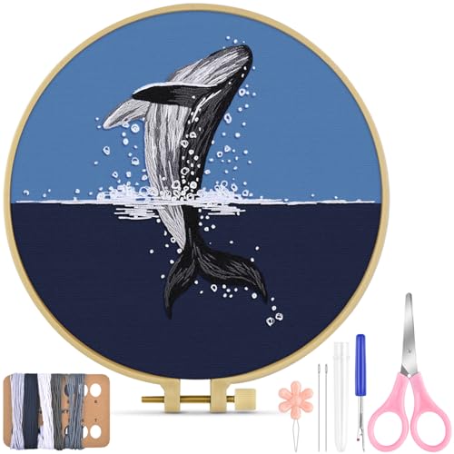 Image of TINDTOP Embroidery Kit for Beginners Adult, Whale Embroidery Practice Kit | Include Embroidery Cloth Hoops Threads for Craft Lover Hand Stitch with Embroidery Skill Techniques
