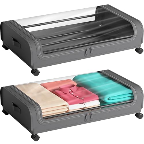 2-pack under bed storage box with wheels and lid storage box, 48L rolling metal frame transparent window storage bag home bedroom under sofa storage clothes shoes toys blankets gray