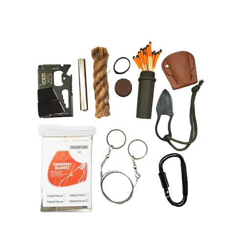 Emergency Survival Kit – Windproof Matches with Waterproof Case, Waxed Fire Rope, Wire Saw, Knife, Tool Card, Blanket, Carabiner – Camping Hiking Outdoor Fire Starter Set