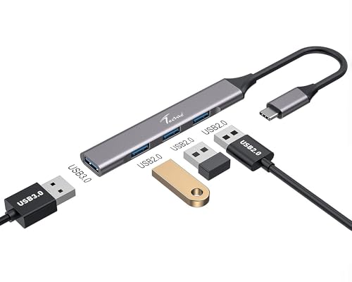Image of Techie Type-C 4-Port Hub with 1x USB 3.0 5Gbps and 3x USB 2.0 Ports Aluminum Alloy for Laptops, Desktops, MacBook, iPad Pro, Windows and Tablets (Silver)