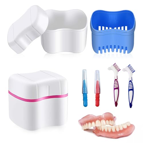 mizikuu 4 Piezas Caja Dentadura kit, Estuche Para Dentadura con 2 Pcs Cepillo de Dientes Postizos Caja de Almacenamiento de Dentaduras Postizas con colador Caja ortodoncia para Remojo Limpieza