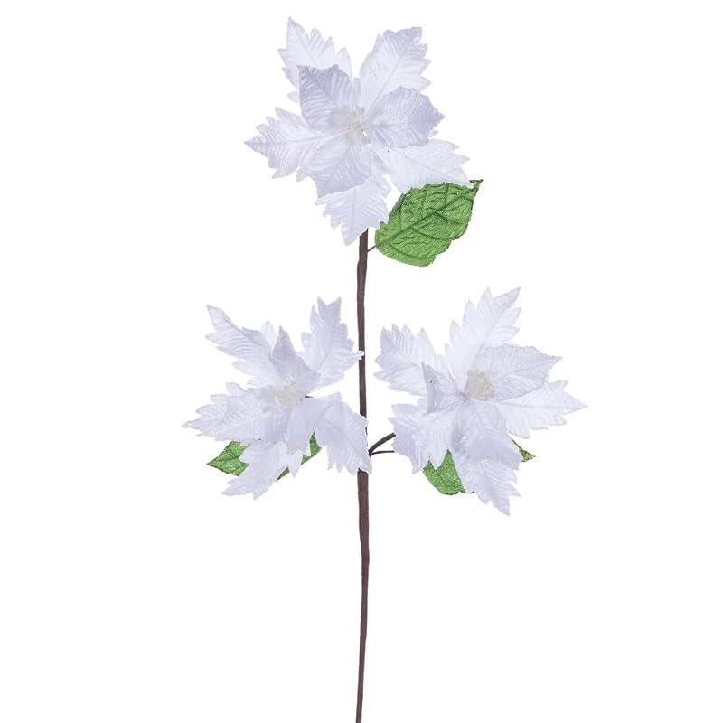 Vickerman 6" x 26" White Velvet Trio Razor Poinsettia Stem. It Includes Three Pieces per Bag.