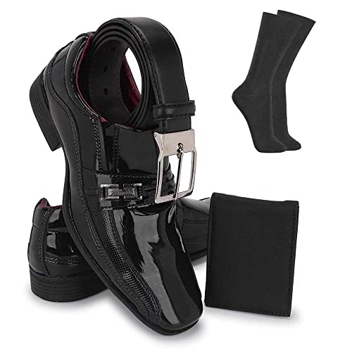 Kit Sapato Social Masculino Side Gore Preto Verniz Brilhoso + Cinto Meia E Carteira