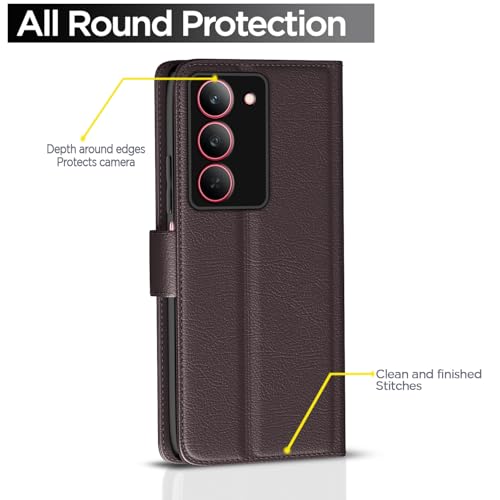 Image of Pikkme Flip Cover Leather Finish | Inside TPU with Card Pockets | Wallet Stand and Shock Proof | Complete Protection Button Flip Case for Realme Narzo 80x 5G / Realme P3x 5G / Realme 14X 5G (Coffee)