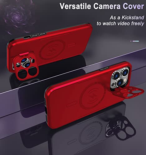 Watefull Magnetic Case For Iphone 14 Pro Max Compatible Magsafe Charger Foldable Kickstand Camera Protector, Glossy Dual Layer Protective Bumper Cover, With 1 Tempered Screen Protector (Red) #TOP4