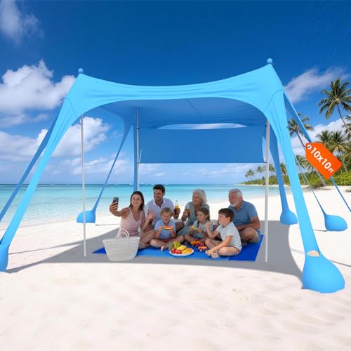 HOPERAN Beach Tent Sun Shelter, UPF50+ UV Protection, 10x10FT Pop Up Shade Beach Canopy Windproof for Outdoor Camping, Fishing, Picnics with 8 Sandbags, 1 Beach Mat, 1 Sideshade, 4 Stability Poles