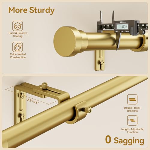 Image of YaFex Curtain Rods 2 Pack 32-84 Inch, Heavy Duty 1 Inch Curtain Rod, Gold Long Adjustable Window Treatment Rods, Modern Design, Easy Installation
