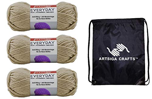 Premier Knitting Yarn Everyday Bulky Linen 3-Skein Factory Pack (Same Dye Lot) 1068-2, Soft Squishy Anti-Pilling Acrylic Blend, Bundle With 1 Artsiga Crafts Project Bag #TOP30