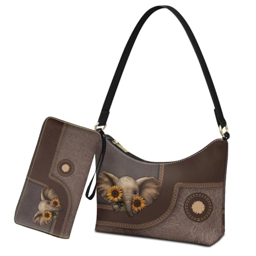 Bolso bandolera para mujer con billetera, color marrón elefante y girasol miniatura 1
