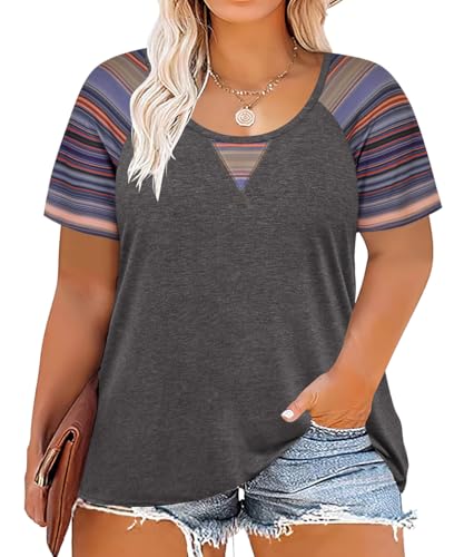 Image of CARCOS Plus Size Tops for Women Short Sleeve Shirt Summer Star /Leopard /Tie Dye /Flower Crewneck Pullover Tunic XL-5XL