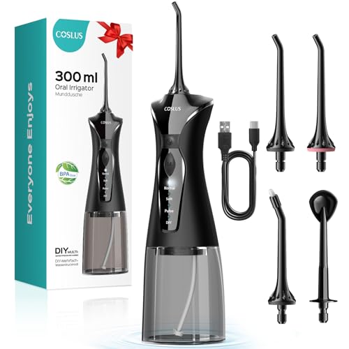 COSLUS Water Teeth Flosser Picks: 4 Modes Cordless Irrigator 300ML Portable Electric Flossing Machinerie for Teeth Cleaning Rechargeable Waterproof Tooth Pick Set Cleaner for Travel Home C30(FC5360)