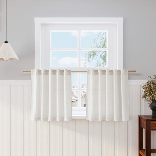 Image of Nanspring Cream Linen Cafe Curtains 24 Inch Length Light Filtering Semi Sheer Mini Curtains for Small Window Basement Bathroom Camper Back Tab Rod Pocket Short Sheer Kitchen Curtain 30x24 Inches