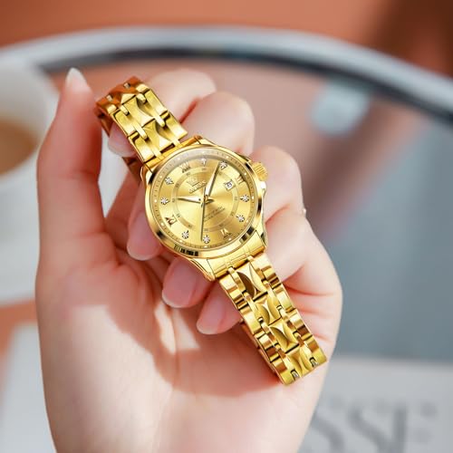 OLEVS Gold Womens Watch Stainless Steel Dainty Diamond Roman Numerals Ladies Watches with Day Date Luxury Water Resistant Womens Watches for Small Wrists Dress Women's Watch Three Hands Luminous — view 4
