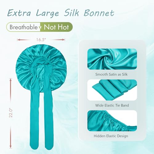Image of BONNET QUEEN Silk Bonnet for Sleeping Satin Bonnet Women Hair Wrap Night Sleep Cap Scarf Wrap for Curly Hair with Tie Band, Large, Aqua