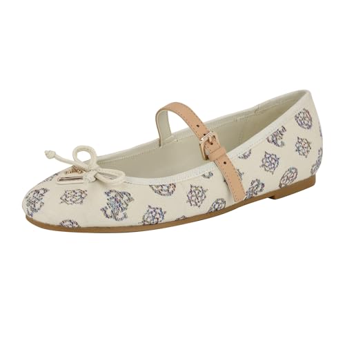 Guess Women's KAYRAY Mary Jane Flat, Ivory Rainbow Multi Logo 140, 9.5