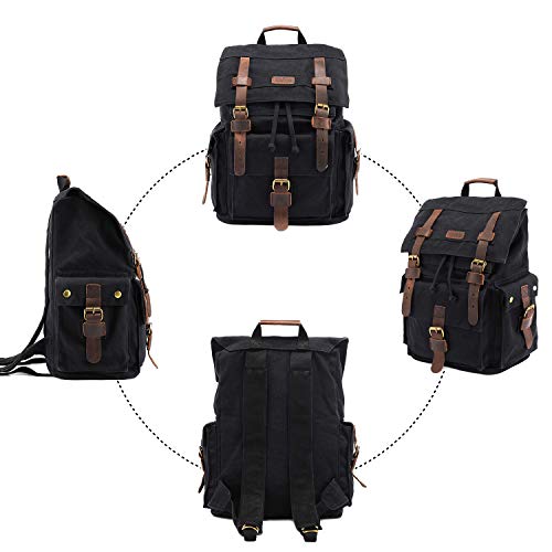Kattee Men’s Leather Canvas Backpack Large School Bag Travel Rucksack Black #TOP5