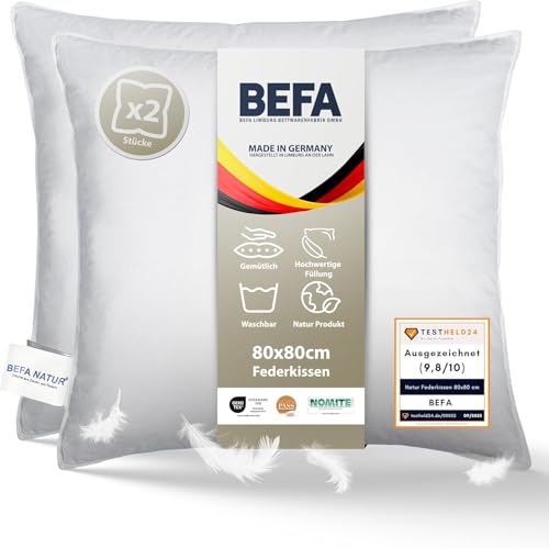 BEFA NATUR Federkissen 80x80 cm (2 Stück) | Kopfkissen Set 100% Federn | 1500g Füllgewicht/Stück | Allergiker geeignet (NOMITE) | Tierwohl zertifiziert (DOWNPASS) | OEKO-TEX Klasse 1 | Made in Germany