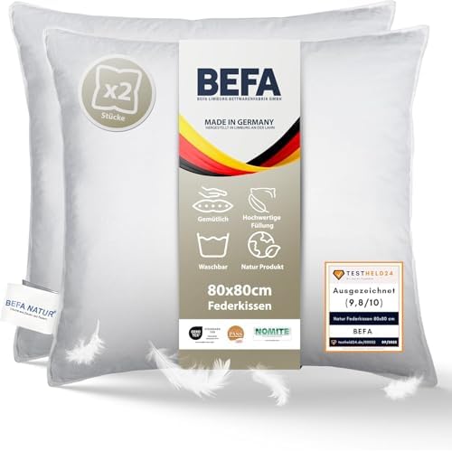 Welt-der-Träume Natur Kissen Kopfkissen Daunenkissen 1 Stück 80x80cm 15% Daunen / 85% Federn (Füllgewicht zur Auswahl 1300 Gr - 1500 Gr) (80x80 cm (1300 gr)) 3 BEFA NATUR Made in Germany Kopfkissen 80x80 cm, weiß, Füllgewicht: 1500g. Allergiker geeignet (nomite), Öko-Tex 100 Klasse 1 Zertifiziert, Downpass (2 Stück)