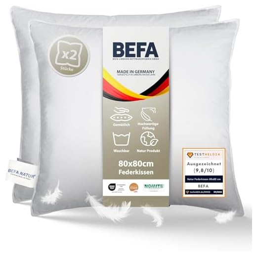 BEFA NATUR Made in Germany Kopfkissen 80x80 cm, weiß, Füllgewicht: 1500g. Allergiker geeignet (nomite), Öko-Tex 100 Klasse 1 Zertifiziert, Downpass (2 Stück)