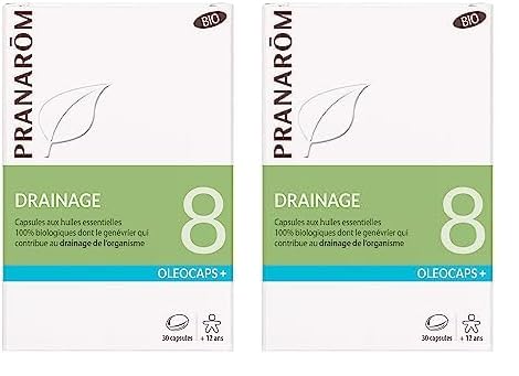 PRANARÔM - Oléocaps 8 - Drainage - Aux Huiles Essentielles Ciblées - Menthe Poivrée, Citron, Gingembre, Cardamome, Mandarine & Genévrier - 100% Naturelle Et Bio - HECT - 30 Capsules Prédosées
