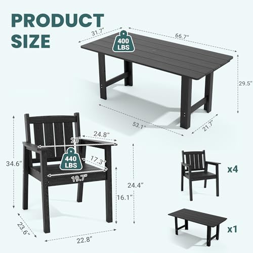 Image of Pamapic Patio Dining Table Set, 5-Piece Outdoor Dining Set for 4, Black | 1 Rectangular Table & 4 Armchairs, Wood-Grain HDPE, All-Weather Design, Umbrella Hole