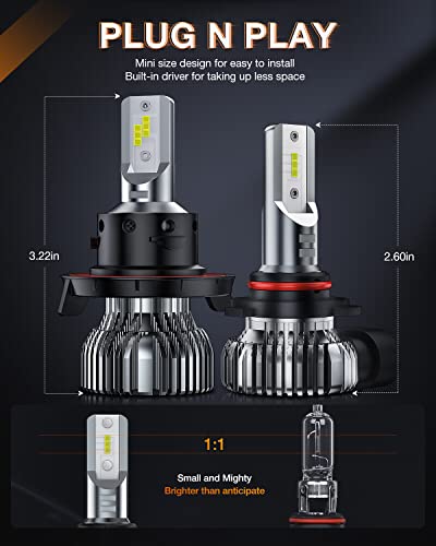 Nilight H13/9008 Led Headlight Bulbs H10/9145/9140 Fog Light Bulbs Combo, 350% Brighter Mini Size Headlights And Fog Led Kit, 6000K Cool White, 4-Pack #TOP2