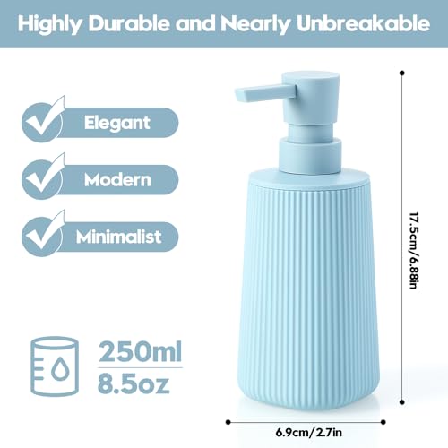 Image of Small Soap Dispenser for Bathroom and Kitchen, Modern Farmhouse Striped Style Plastic Hand Soap Dish Soap Dispenser with Pump Light Blue