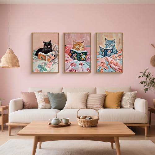 HPNIUB Framed Vintage Cats Canvas Wall Art, Funny Animal Reading Books Poster Printing Pictures, Pink Cute Cat Lovers Wall Decor for Girls Room Bedroom Kids Room Living Room Bathroom-16 x24 x3 by HPNIUB - Image 2