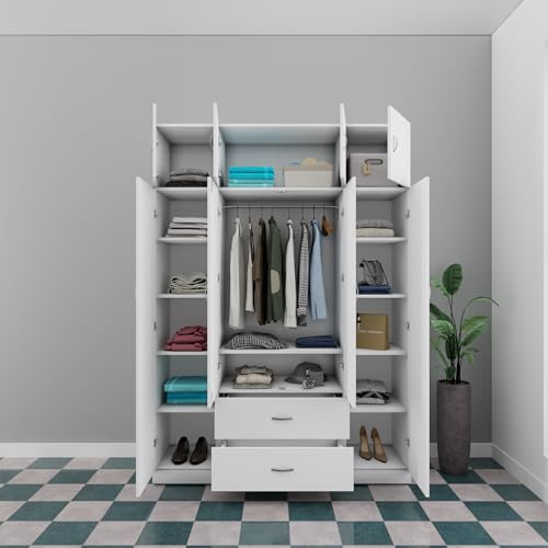 Image of VIKI Wardrobe | Wooden Almirah for Clothes,Door for Bedroom with Loft, 4 Door Wardrobe with Drawer & Hanging Space (Frosty White - 40D x 160W x 220H) | 1 Year Warranty | Free Assembly
