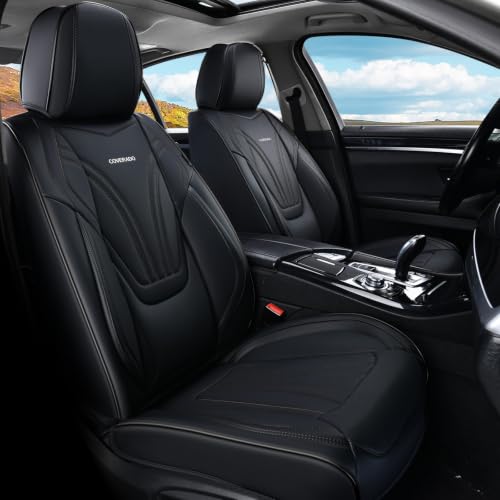 Image of Coverado Car Seat Covers Front Seats, 2 Piece Car Seat Protector with Lumbar Support & Removable Headrest, Breathable Leather Seat Cushion Universal Fit for Truck Automotive Vehicles Black