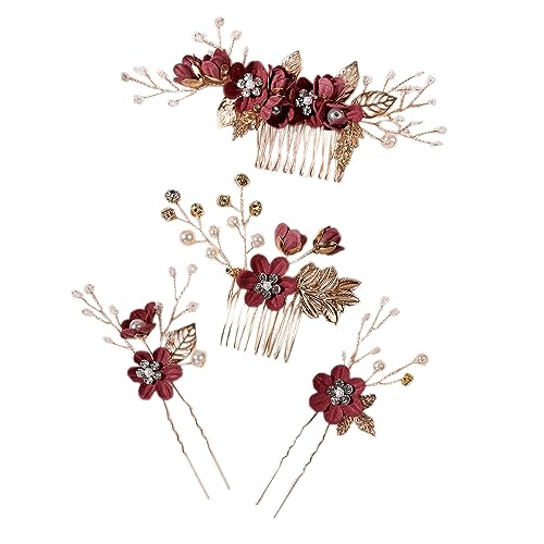 Wambere Lot de 4 barrettes à cheveux en forme de U avec perles de fleurs - Bijou de demoiselle d'honneur - Pour femme et fille - Rouge foncé