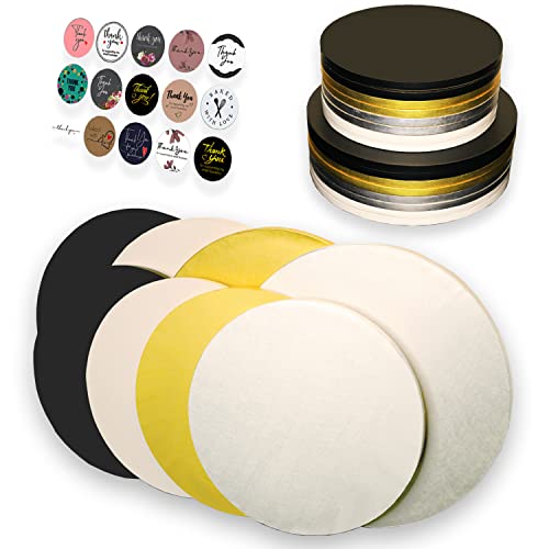 16 Pack Cake Drums in 2 Sizes and 4 Colors - Black, Gold, Silver & White. 10 Inch 12 Inch - 1/2 Inch Thick with Smooth Edge Pack Includes Bakery 16 Thank you Stickers
