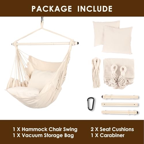 Image of Highwild Hammock Chair Hanging Rope Swing - Max 500 Lbs - 2 Cushions Included - Steel Spreader Bar with Anti-Slip Rings - for Any Indoor or Outdoor Spaces (Beige)