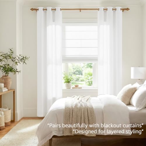 Image of jinchan Linen White Curtains 84 Inch Long for Living Room Bedroom Farmhouse Grommet Top Light Filtering Window Drapes 38x84 Off White 2 Panels