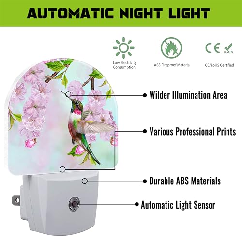 Image of Hummingbird and Cherry Blossoms Night Light for Kids,Birds and Pink Flowers Plug in Night Light with Dusk to Dawn Sensor, 0.5w Energy Saving Nightlight for Hallway Stairway Kitchen Bedroom