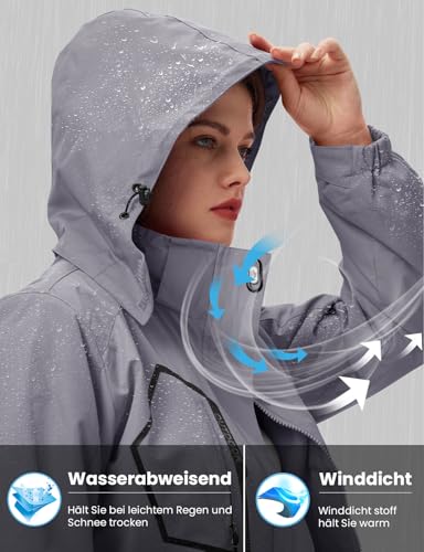 donhobo Damen Jacken 3-in-1 Fleece Gefüttert Winterjacke Winddicht Warm Verdickte Softshelljacke Wasserdicht Outdoor Wanderjacke Funktionsjacke Grau L