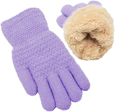Winter Gloves for Boys Girls - Kids Warm Knit Thermal Cable Knitted Gloves Purple Wool Fleece Lined Mittens for Cold Weather