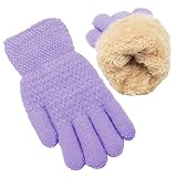 Winter Gloves for Boys Girls - Kids Warm Knit Thermal Cable Knitted Gloves Purple Wool Fleece Lined