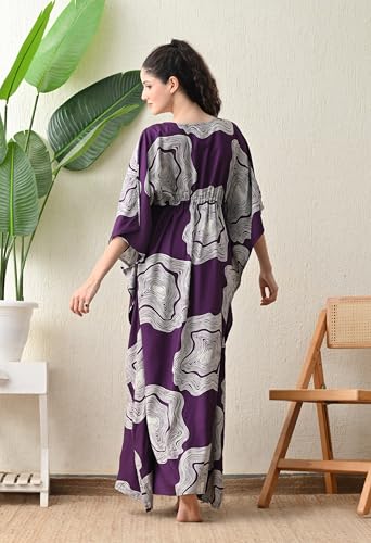 Image of Ichaa Women's Pink Rayon Printed Round-Neck Kaftan-Style Free Size Nighty with Drawstring