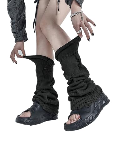 IKIOU Gothic Distressed Harajuku Leg Warmers Black White Gray Knit Material One Size Y2K Alternative Fashion Style Slouchy Design (Black Suitable for calf circumferences within 15in)