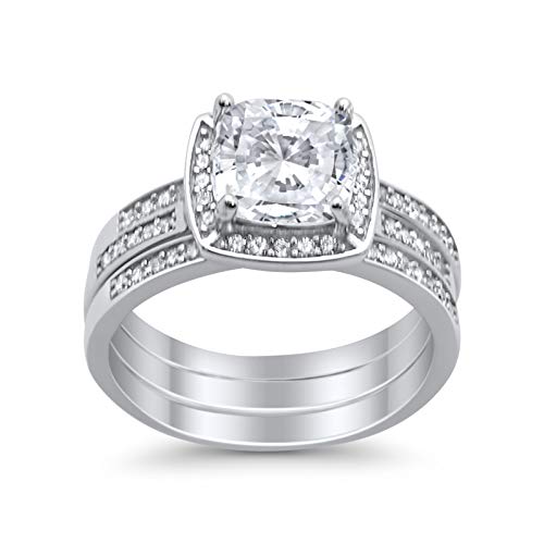 Blue Apple Co. Halo Trio Set Three Piece Bridal Set Ring Band Wedding Engagement Cubic Zirconia 925 Sterling Silver