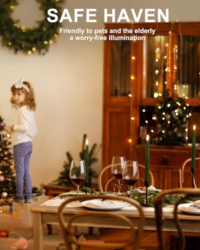 Image of Stmarry Green Flameless Taper Candles with Remote and Timer, 9.65 Inch Real Wax LED Candlesticks, Dripless Battery Operated Tall Candles with 3D Flickering Flame, 6 Pack