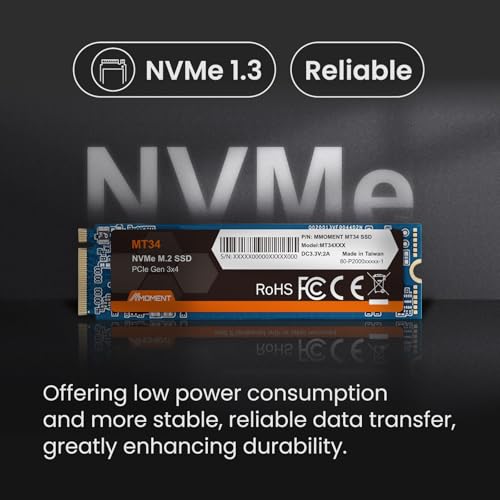 Image of MMOMENT MT34 1TB SSD PCIe Gen3x4 NVMe M.2 2280 Internal Solid State Drive, Read Speed up to 2000MB /s, Write up to 1500MB /s, for Laptop and PC Desktop