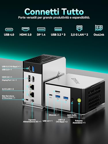 Mini PC, M8 Computer da Tavolo AMD Ryzen 5 PRO 6650H (6C/12T 4,50 GHz), Doppia LAN 2.5GbE, 16 GB RAM LPDDR5 + 1 TB SSD PCIe, Oculink, USB4, HDMI, USB-C - PC Desktop - Immagine 5
