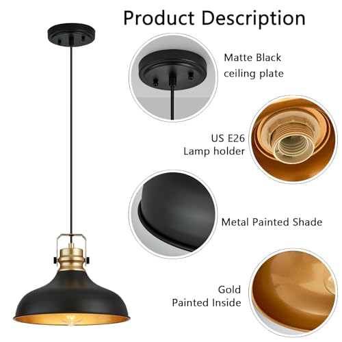 Image of Black and Gold Pendant Lights Kitchen Island Fixtures | ETL Certificate,Industrial Adjustable Height Vintage Dome Hanging Light Fixtures for Barn,Dining Room 2 Pack